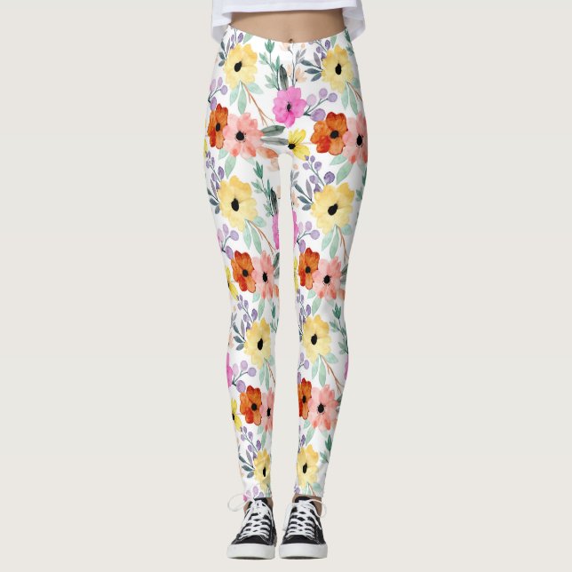 Leggings Flores florales rosas, rojas y amarillas femeninas (Anverso)