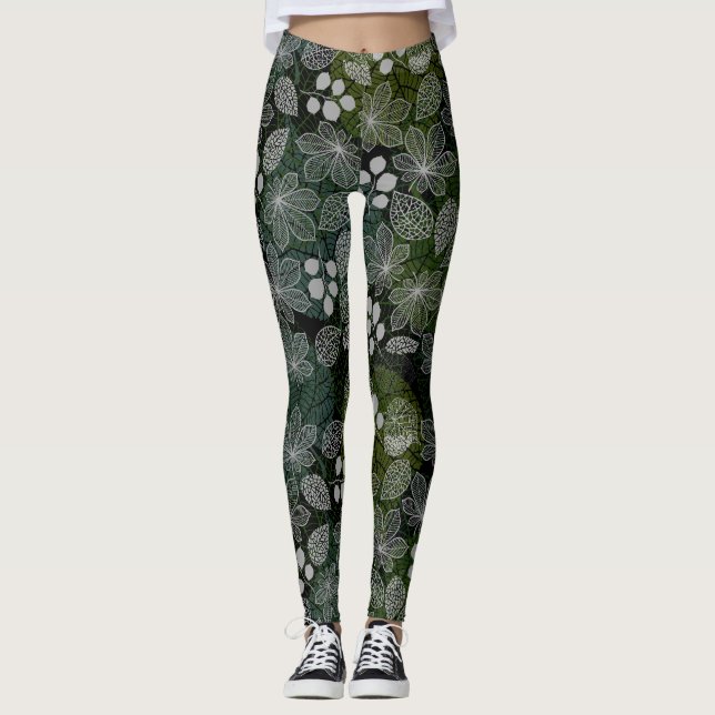 Leggings Flores flotantes y hojas patrón BG negro (Anverso)