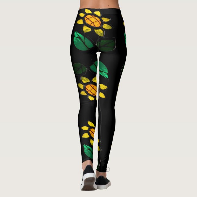 Leggings Flores grandes de vidrio manchado Piernas negras (Reverso)