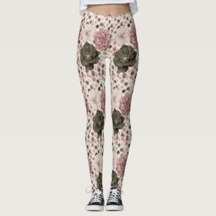 Leggings Flores grandes en rosa suave, crema y oliva