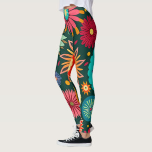 Leggings Flores Groovy Folk, Decoración Retro Luminosa Maxi