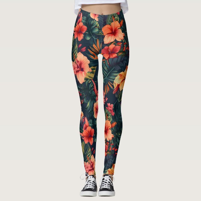 Leggings Flores Hibiscus, Patrón Floral Tropical (Anverso)