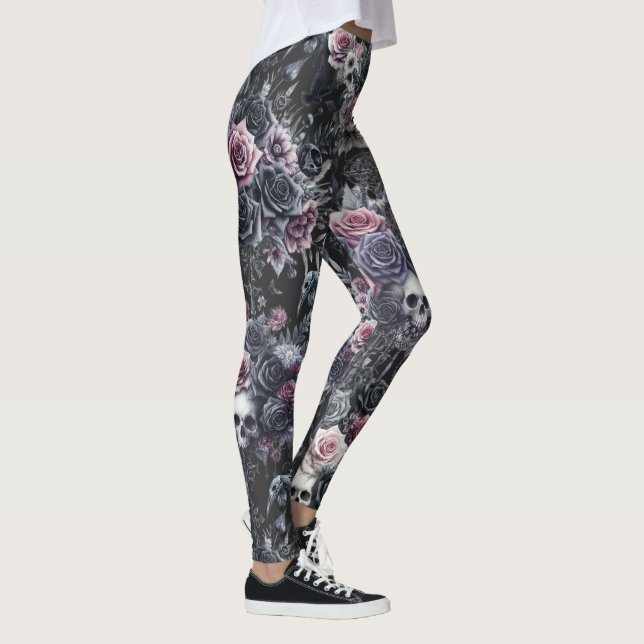 Leggings Flores húmedas góticas, cráneos y cuervos (Derecha)