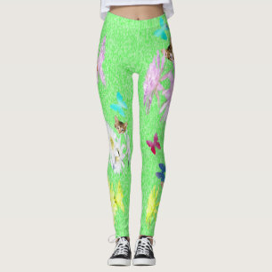 Leggings Flores Mariposas Gatitos Verdes,