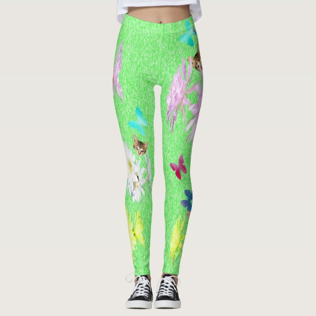 Leggings Flores Mariposas Gatitos Verdes, (Anverso)