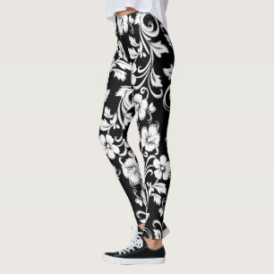Leggings Flores modernas en blanco y negro Obra de arte fil