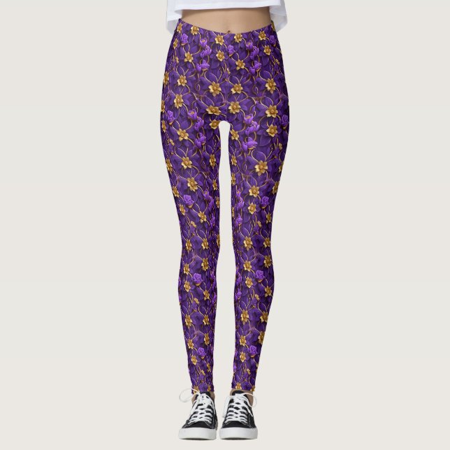 Leggings Flores moradas reales entrelazadas con oro (Anverso)