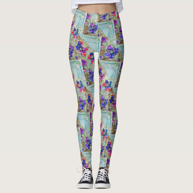Leggings Flores moradas y azules cuadrados Zigzags (Anverso)