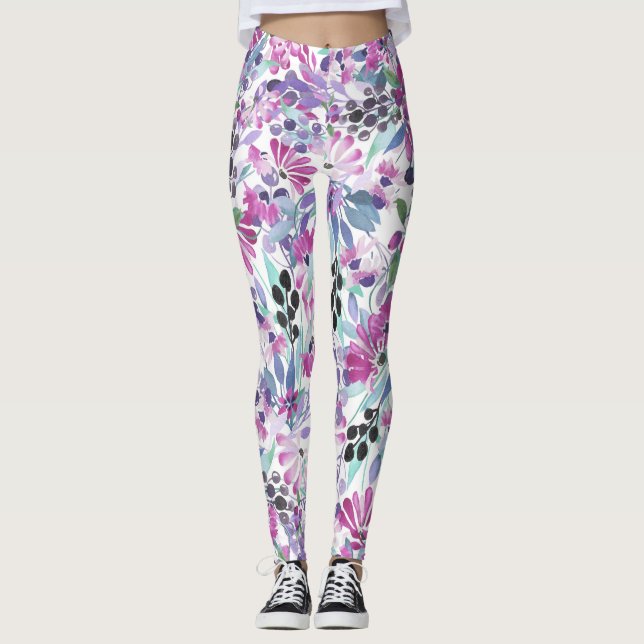 Leggings Flores moradas y bayas: acuarela (Anverso)