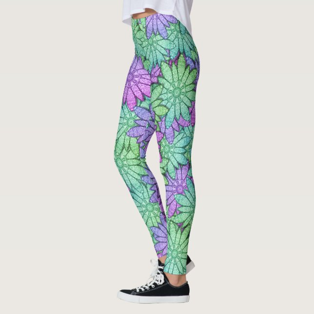 Leggings Flores moradas y verdes divertidas (Izquierda)