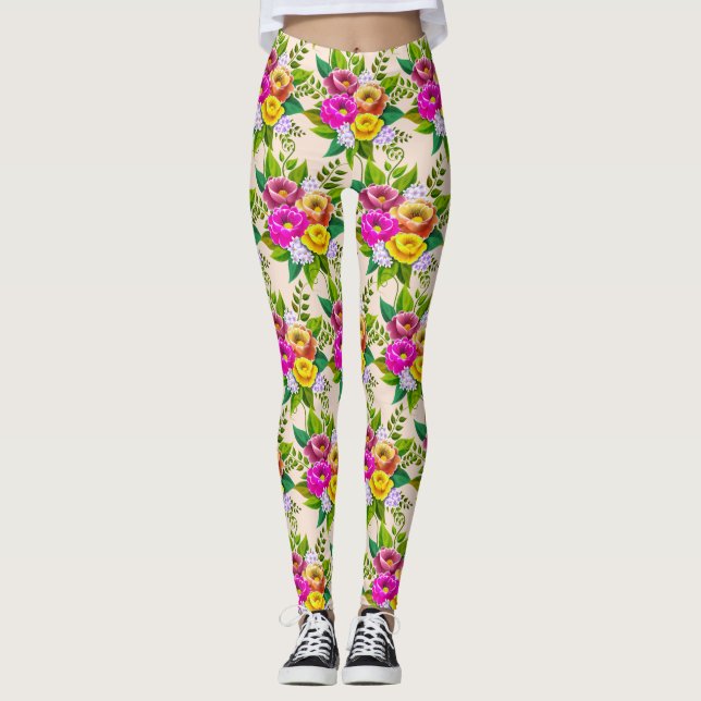 Leggings Flores Multicolores Modernas sobre Marfil (Anverso)