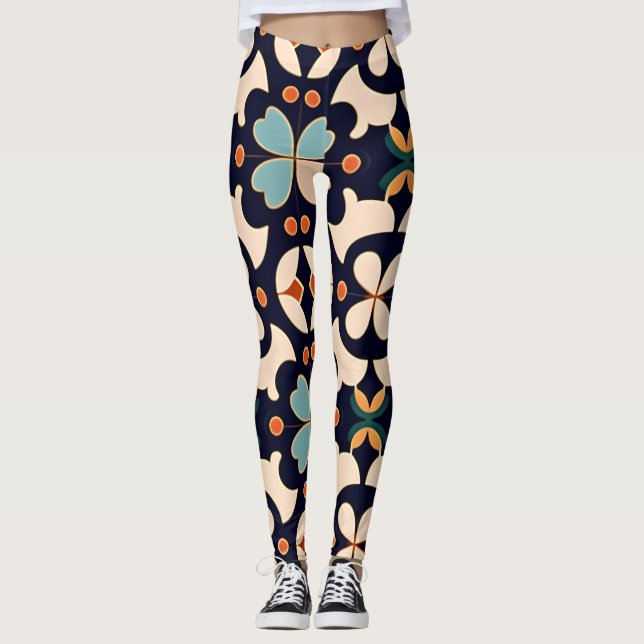 Leggings Flores Naranja azul isométrico Patrón retro floral (Anverso)
