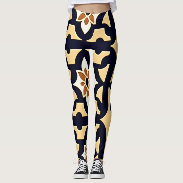 Leggings Flores Naranja isométrico patrón botánico beige (Anverso)