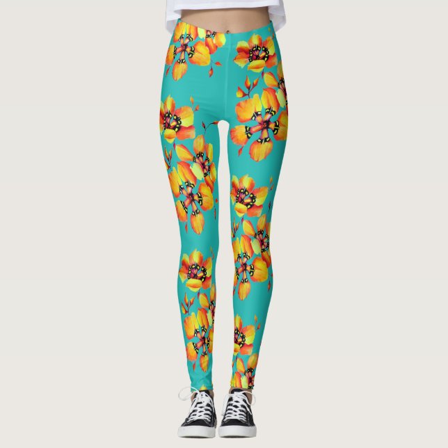 Leggings Flores Naranjas brillantes - Aqua (Anverso)