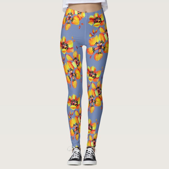 Leggings Flores Naranjas brillantes - Gris azul (Anverso)