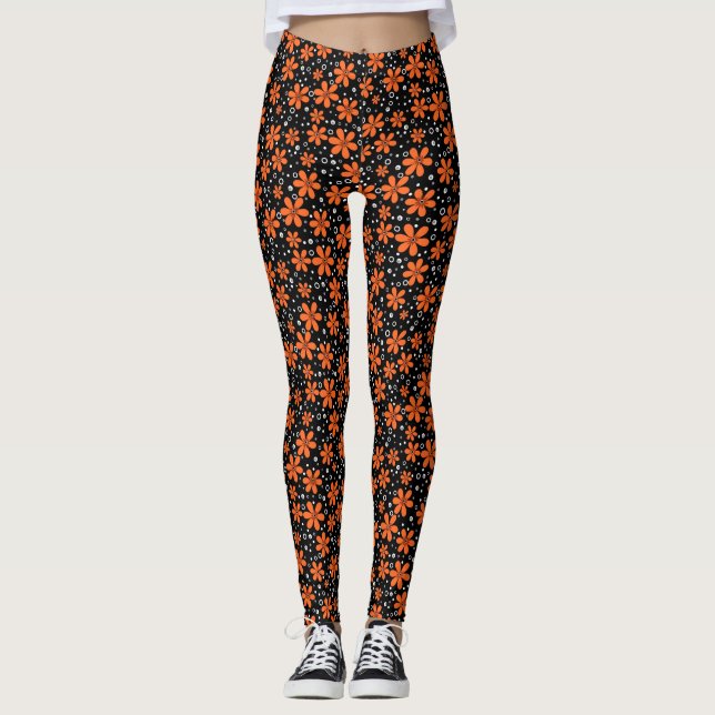 Leggings Flores naranjas brillantes sobre un fondo negro co (Anverso)
