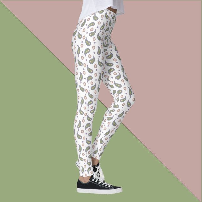 Leggings Flores Paisley Dots Green Pink Purple (A pair of leggings with a pink, green and purple pattern of paisley, flowers & dots.)