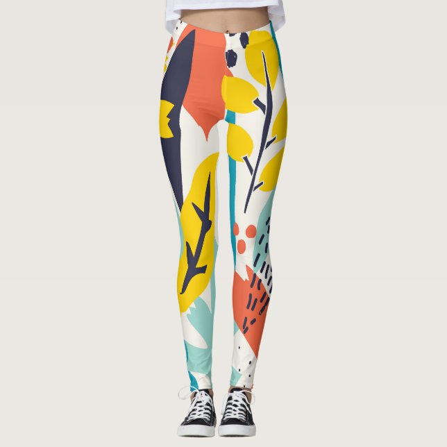 Leggings Flores pintadas a mano, hojas sin costura. (Anverso)