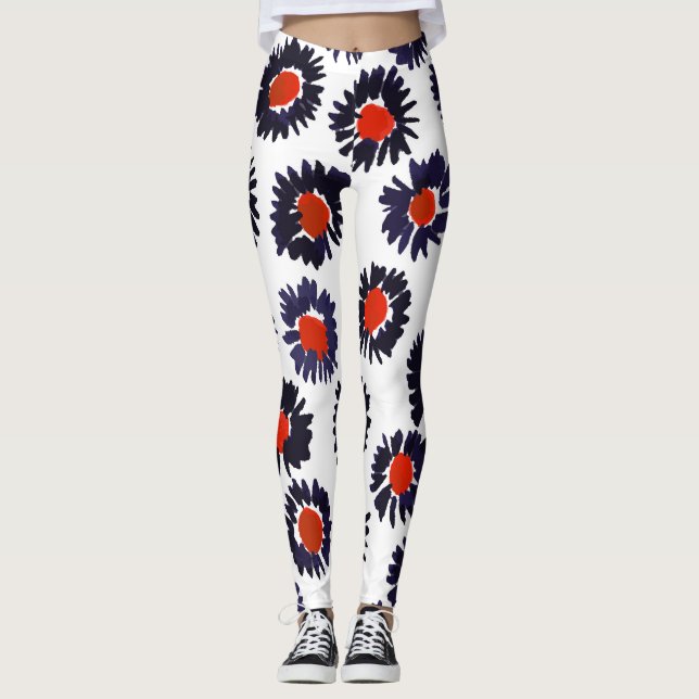 Leggings Flores pintadas a mano, tónica roja y azul. (Anverso)
