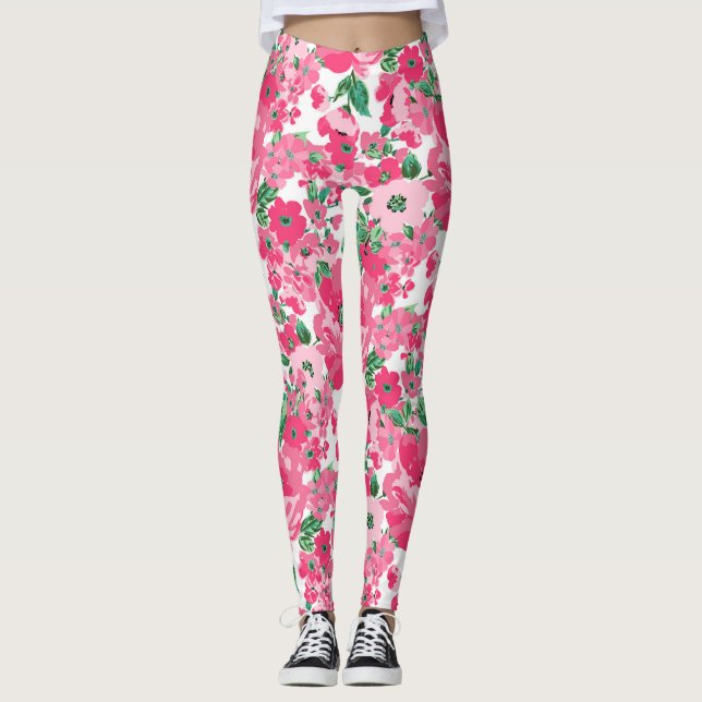 Leggings Flores Pintadas De Mano Corta, Elegante Diseño Bla (Anverso)