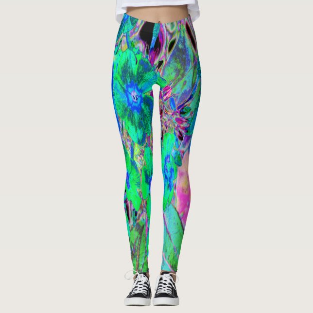Leggings Flores psicodélicas trippy, verde limón y azul (Anverso)
