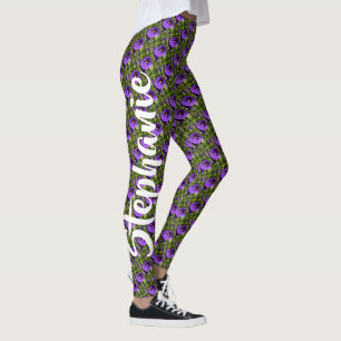 Leggings Flores púrpuras en nombre verde, personalizado