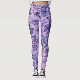Leggings Flores púrpuras y rosadas sobre fondo de lavanda