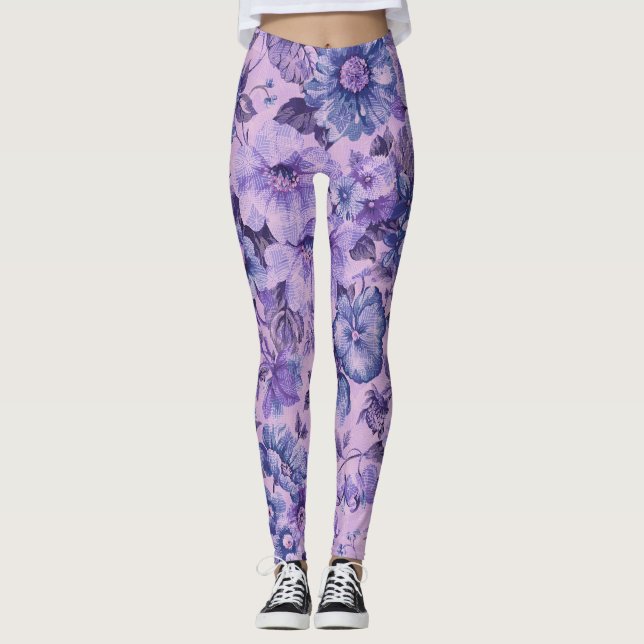 Leggings Flores púrpuras y rosadas sobre fondo de lavanda (Anverso)