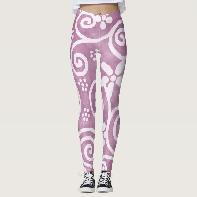 Leggings Flores Remolinos Polvo Rosa Blanco Patrón Capricho (Anverso)