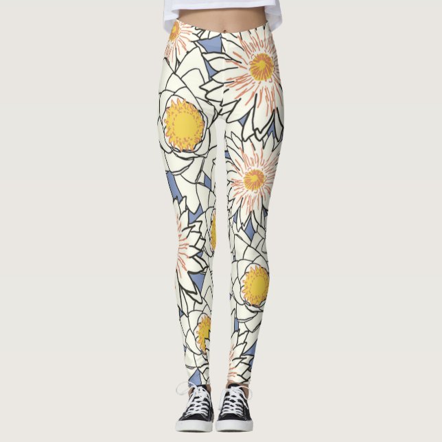 Leggings Flores retro modernas y adorables l Azul y blanco (Anverso)
