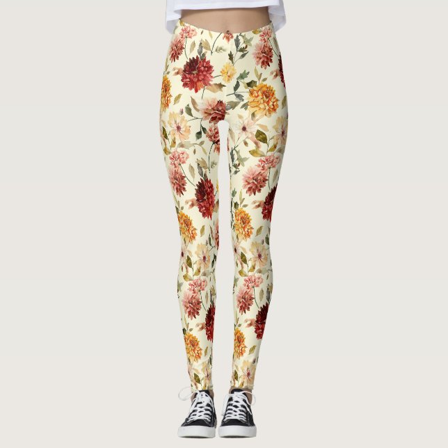 Leggings Flores Rojas Amarillas Rosadas de Otoño (Anverso)