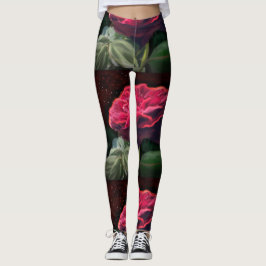 Leggings Flores rojas de flores verdes de arte negro floral