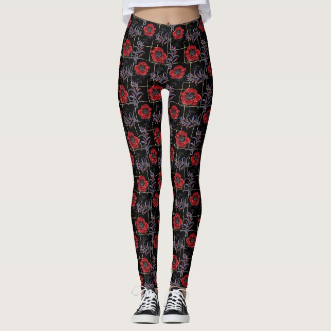 Leggings Flores rojas en negro. (Anverso)