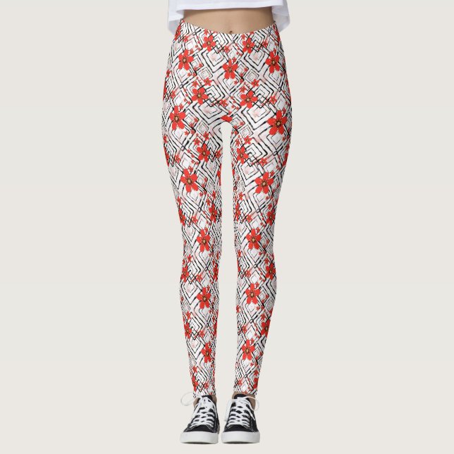 Leggings Flores rojas en un fondo blanco y negro. (Anverso)