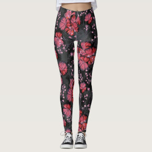 Leggings Flores rojas en un fondo negro-gris.