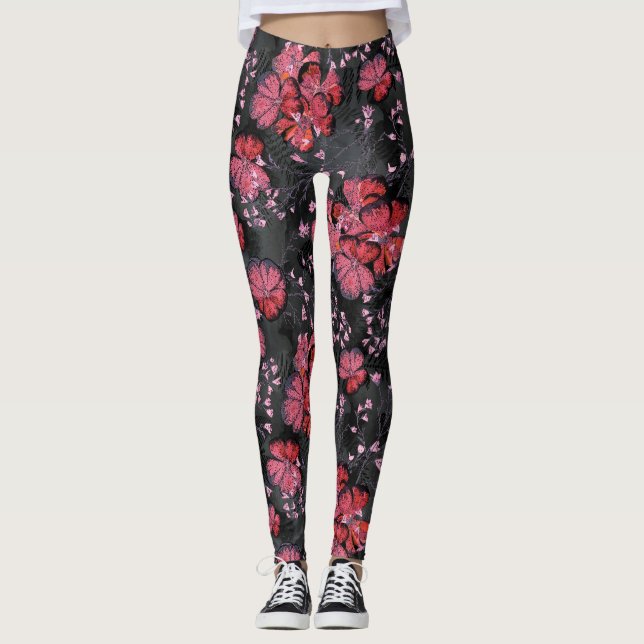 Leggings Flores rojas en un fondo negro-gris. (Anverso)
