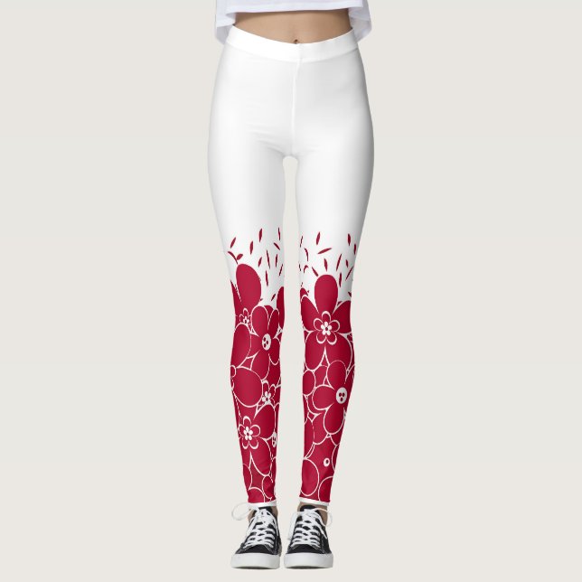 Leggings Flores rojas marea sobre fondo blanco (Anverso)