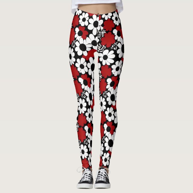 Leggings Flores rojas, negras y blancas caprichosas (Anverso)