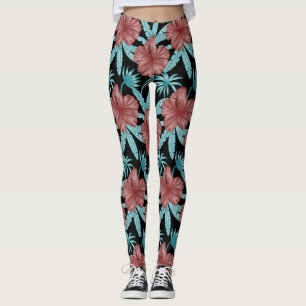 Leggings Flores rojas trópicas sin costuras y hojas azules
