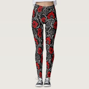 Leggings Flores rojas y patrón sin foco de encaje negro