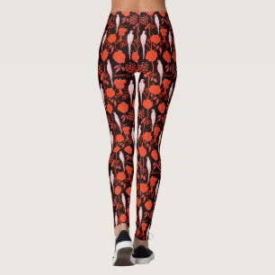 LEGGINGS FLORES ROJOS ART DECO, PARROS BLANCOS EN NEGRO