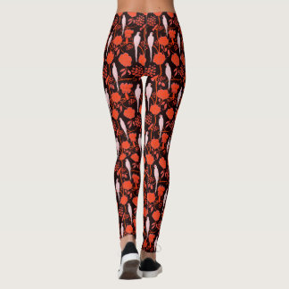 LEGGINGS FLORES ROJOS ART DECO, PARROS BLANCOS EN NEGRO