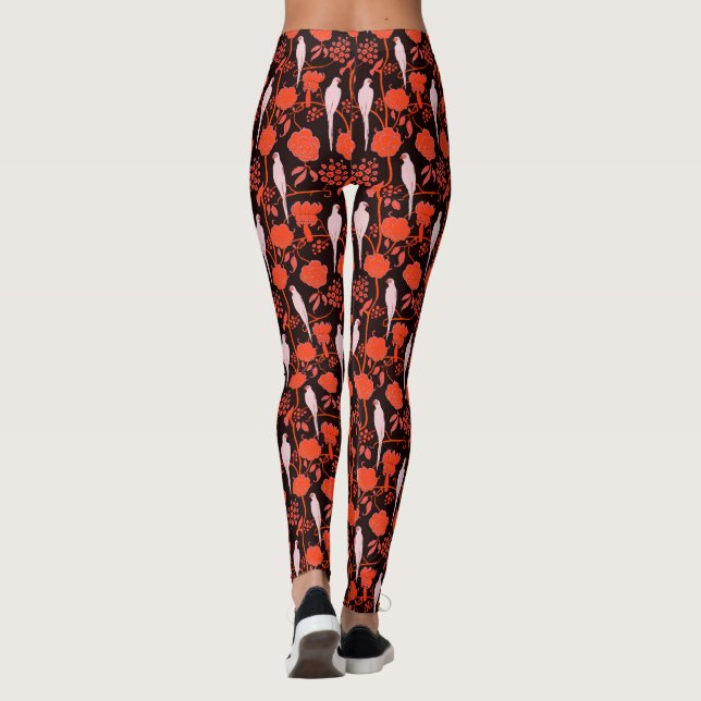 LEGGINGS FLORES ROJOS ART DECO, PARROS BLANCOS EN NEGRO (Reverso)