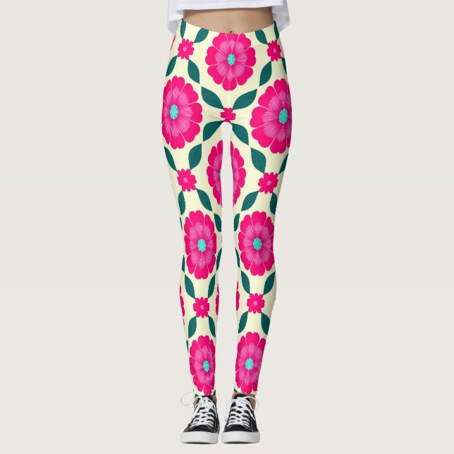 Leggings Flores rosadas con centros azules y hojas verdes (Anverso)