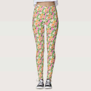 Leggings Flores rosadas de acuarela de moda sobre marfil