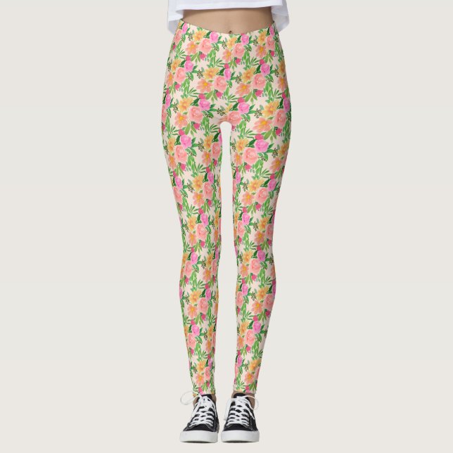 Leggings Flores rosadas de acuarela de moda sobre marfil (Anverso)