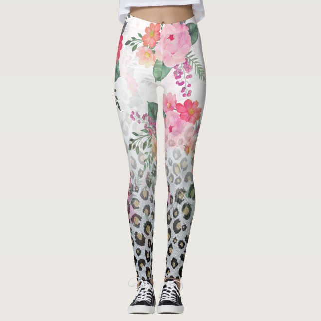 Leggings Flores rosadas impresas de Leopardo negro dorado p (Anverso)