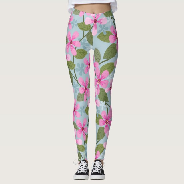 Leggings flores rosadas patrón piernas azules (Anverso)