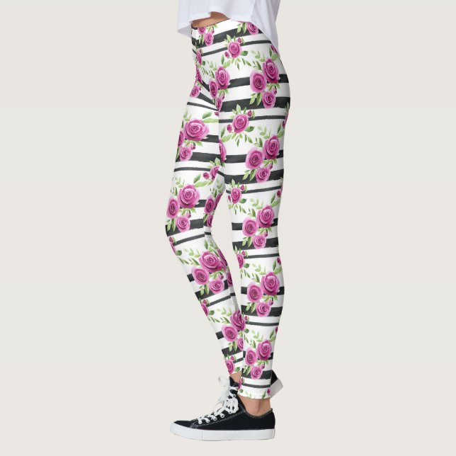 Leggings Flores Rosadas Rayas Negras   (Izquierda)