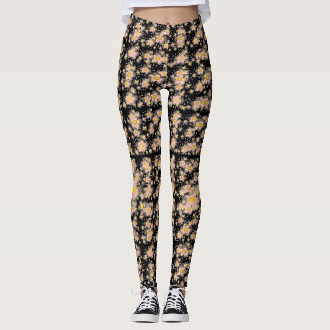 Leggings Flores rosadas Resumen Negro (Anverso)